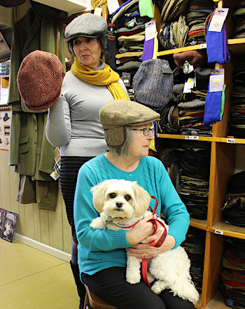 Caps with flaps (& Tuppence the shop dog)