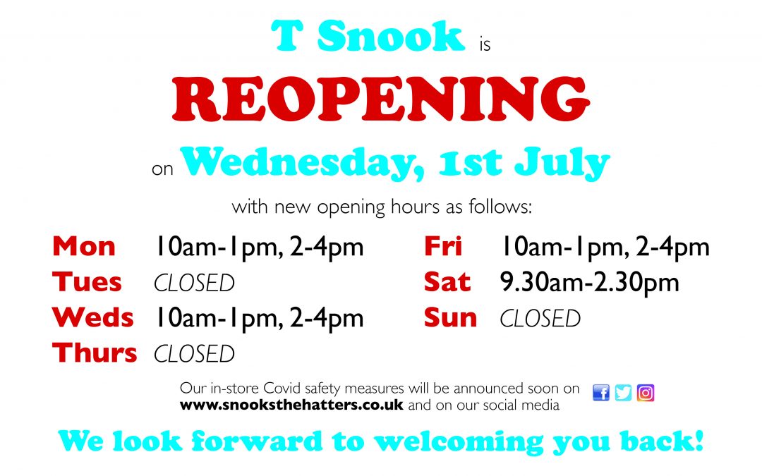 Snooks hat shop reopening notice, new hours
