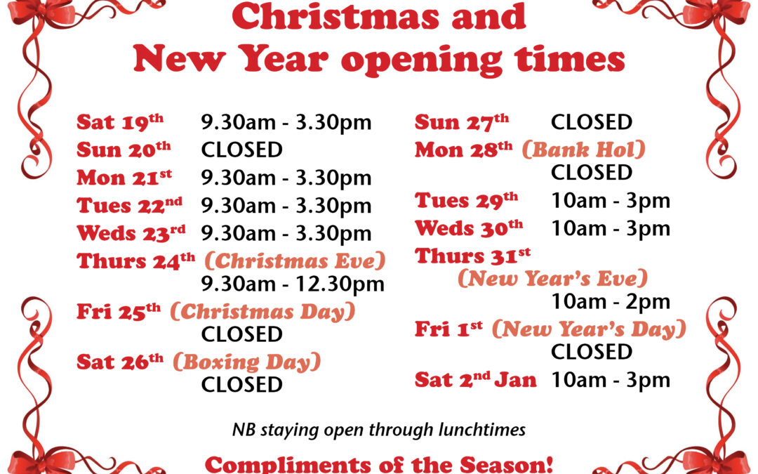 Christmas and New Year opening times