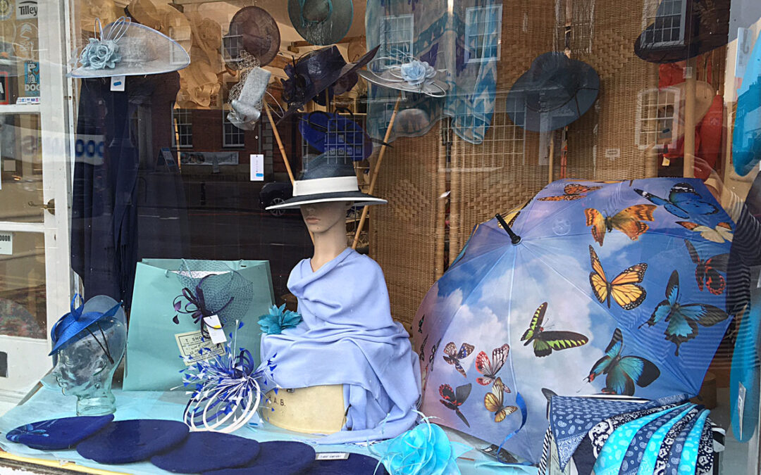 blue display window at T Snook, hatters of Bridport
