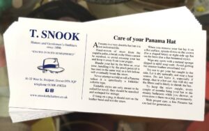 Leaflet detailing how to look after a Panama hat, by T Snook hat shop of Bridport Dorset