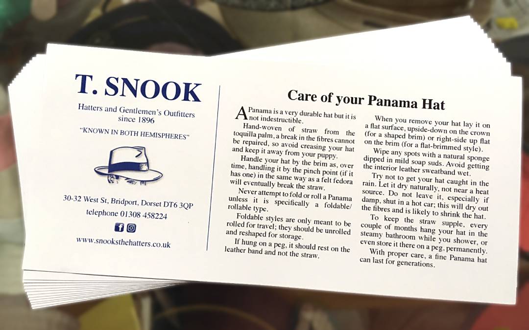 Leaflet detailing how to look after a Panama hat, by T Snook hat shop of Bridport Dorset