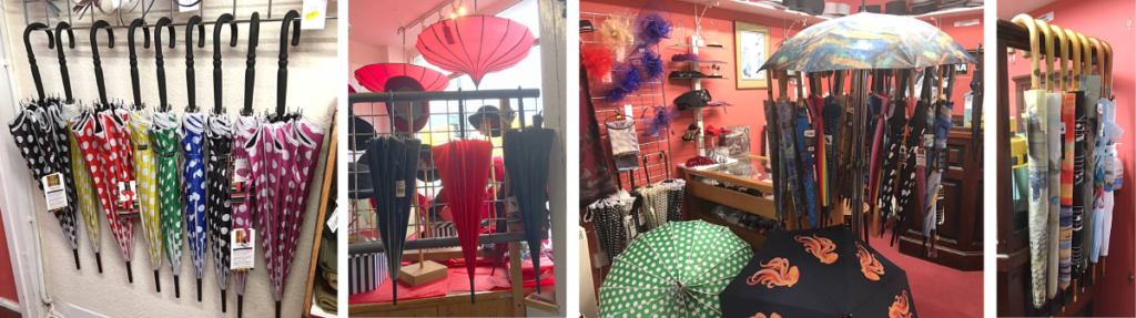 Ladies' umbrellas at T Snook, hat shop in Bridport, Dorset, UK