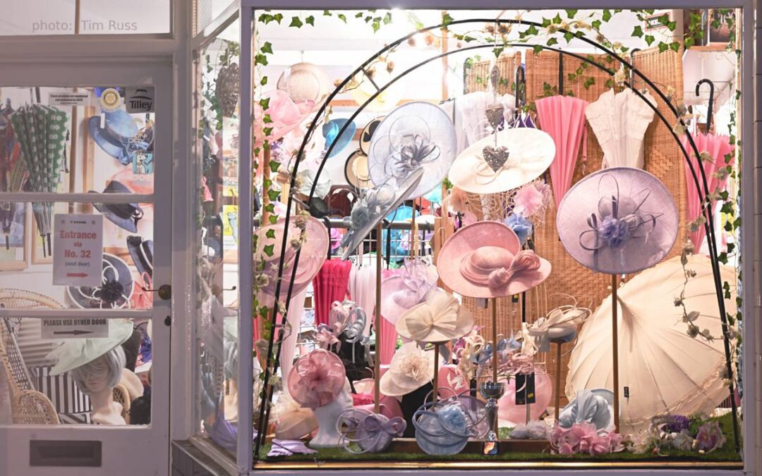 'Wedding' window for April 2024 at T Snook, hat shop in Bridport, Dorset, England