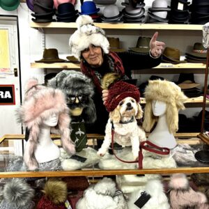 New fluffy winter hats at T Snook, hat shop in Bridport, Dorset, England