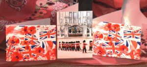 Remebrance cards by artist Tony Heaton at T Snook, hat shop in Bridport, Dorset, England
