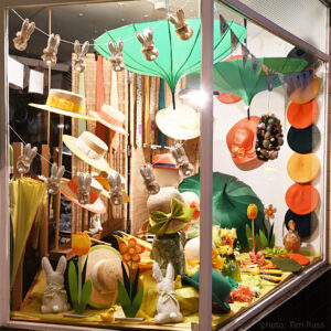 April 2025 display window at T Snook, hat shop