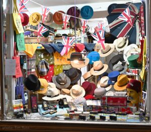 Bridport Hat Festival 2025, entrance-side display window at T Snook, hatters of Bridport, Dorset, England