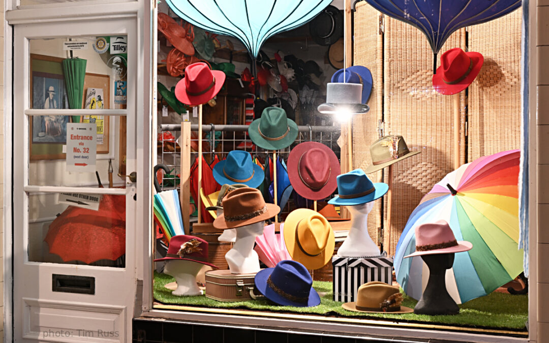Unisex wool felt hats, and umbrellas, at T Snook, hatters of Bridport