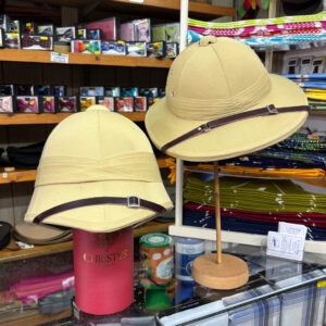 French & Zulu pith helmets at T Snook, hatters of Bridport, Dorset, UK