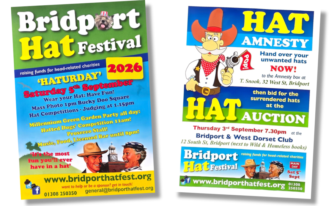 Posters for Bridport Hat Festival - HatFest - and the Hat Auction, 2026, at T Snook, hatters of Bridport, Dorset, UK