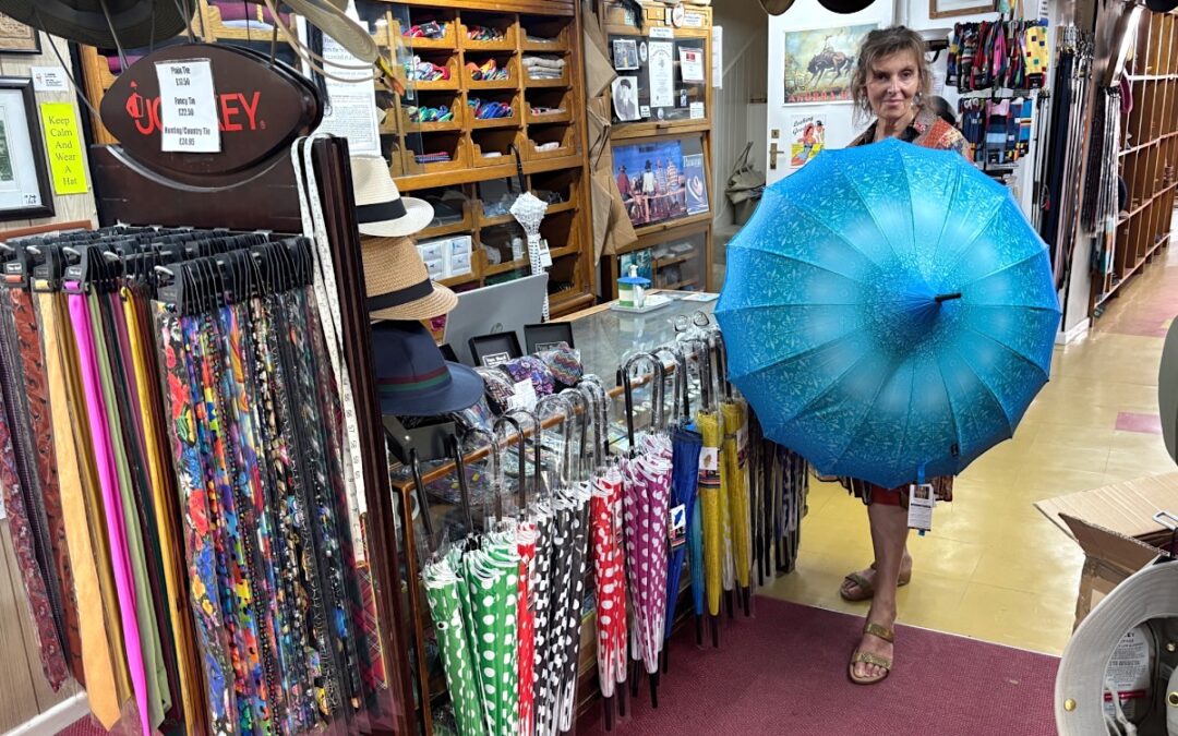 Umbrellas with UPF50+ sunblock coating, at T Snook, hatters of Bridport, Dorset, UK