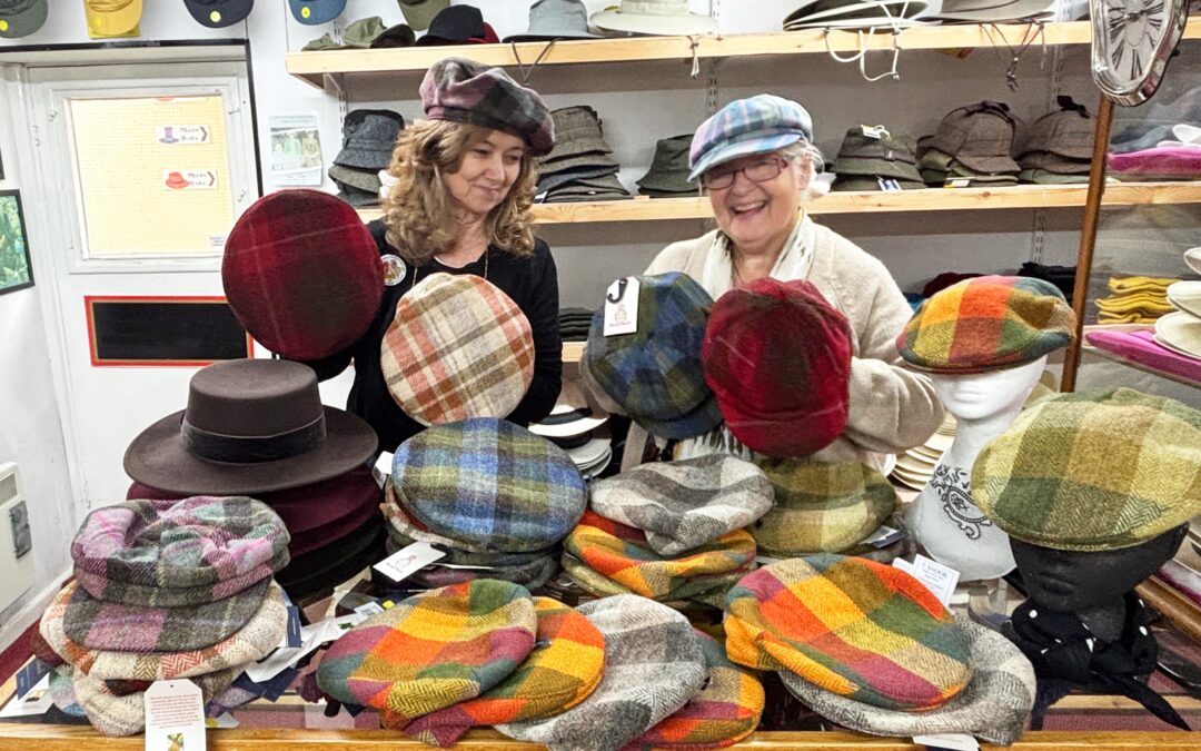 Tweed caps & berets at T Snook, hatters of Bridport, Dorset, UK